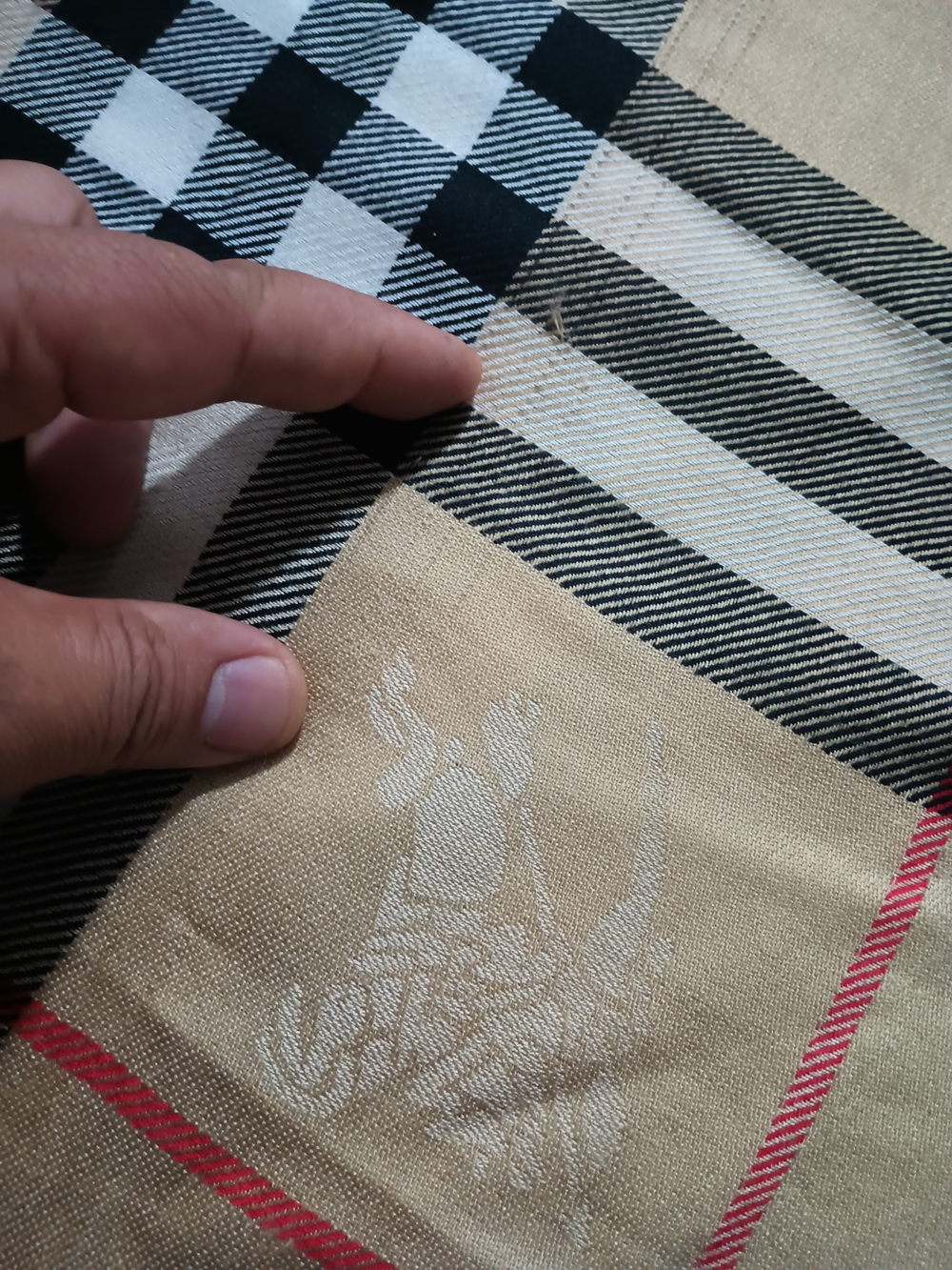 Burberry Tan and Black Plaid Pocket Square with Red Accent